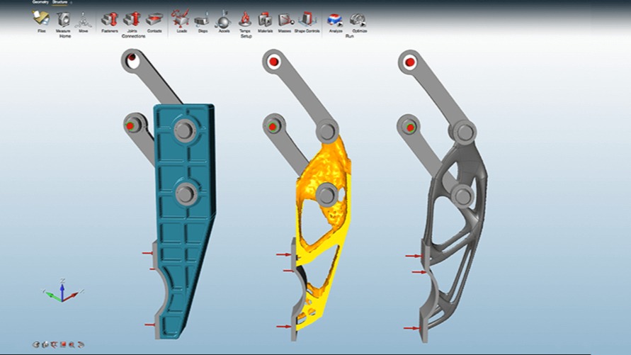 Als je aan de slag wilt met modelleren om eigen ontwerpen te maken of aan te passen, is ontwerpsoftware vaak het uitgangspunt om erna te optimaliseren naar de voordelen van 3D-printen. Deze foto toont topologieoptimalisatiesoftware