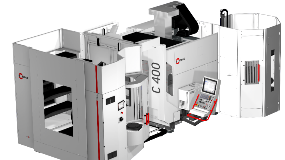 Het bewerkingscentrum van Hermle is uitgerust met de HS Flex, een geautomatiseerd handlingsysteem