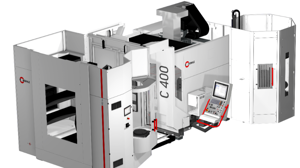 Het bewerkingscentrum van Hermle is uitgerust met de HS Flex, een geautomatiseerd handlingsysteem