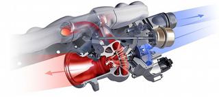 De uitlaatgassen drijven een turbine aan die op haar beurt een compressor aandrijft. Die perst dan lucht onder druk in de motor